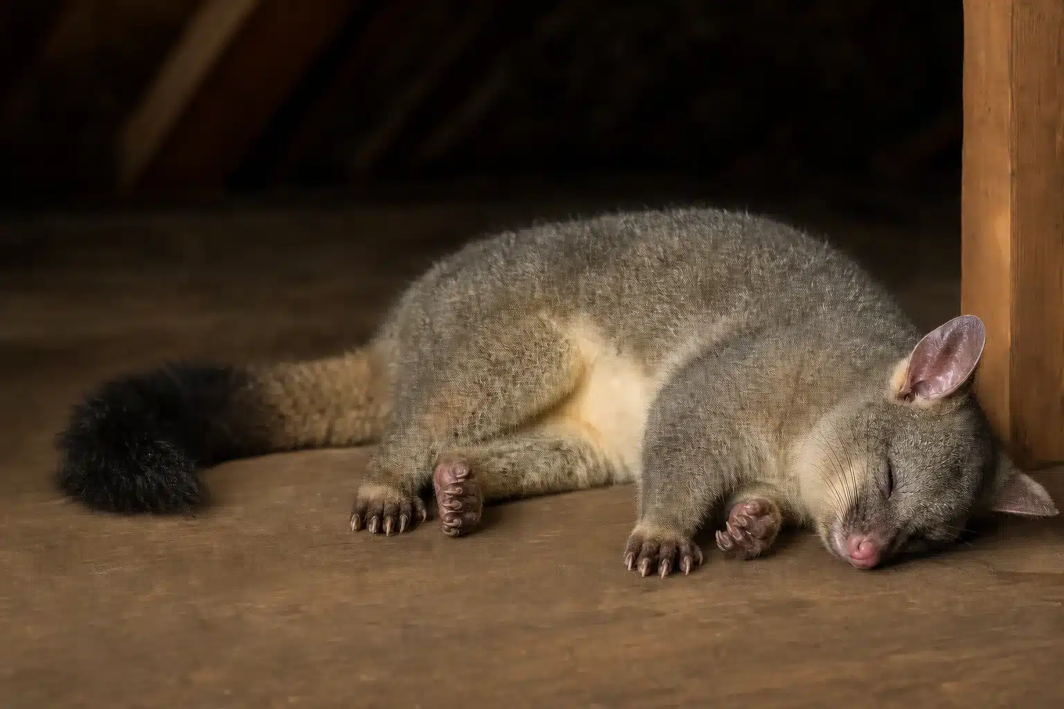 Clearly visible deceased common brushtail possum lying on a timber roof-space floor