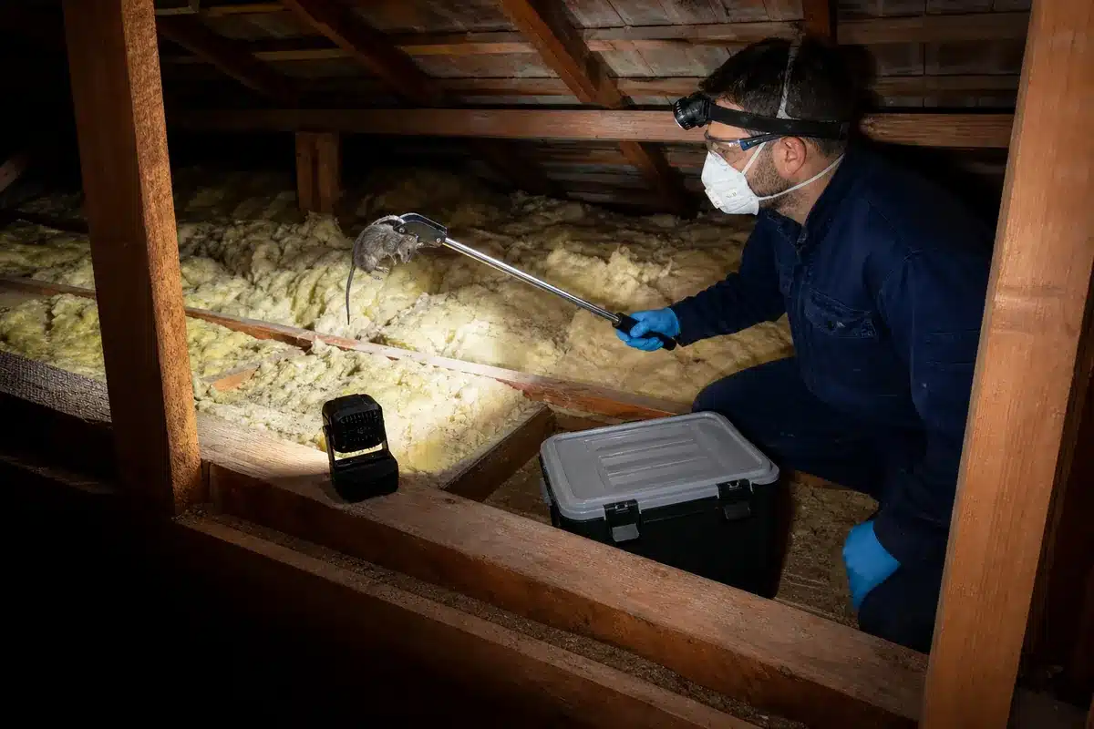 Male pest technician using professional PPE, a long-handled animal grabber and a rigid transport container in a ceiling cavity