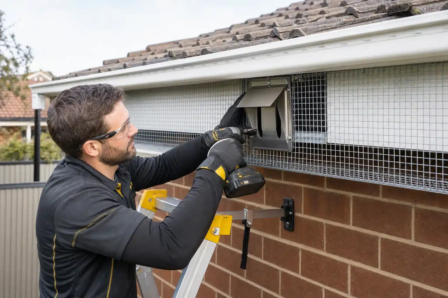 Male wildlife control technician fitting professional possum-proofing material to a roof eave