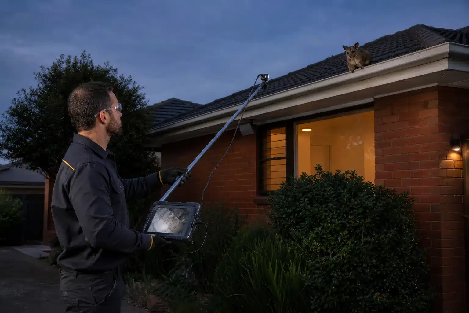 Professional male pest technician inspecting a possum on an Australian tiled roof at dusk