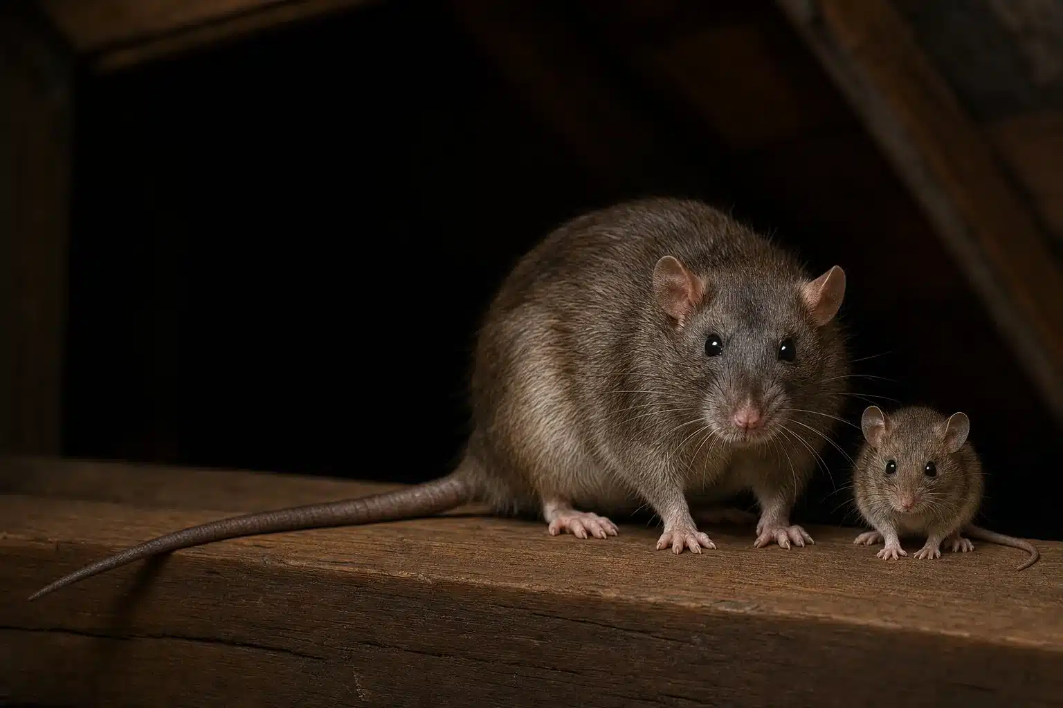 Clearly visible brown roof rat and smaller house mouse together on a timber beam