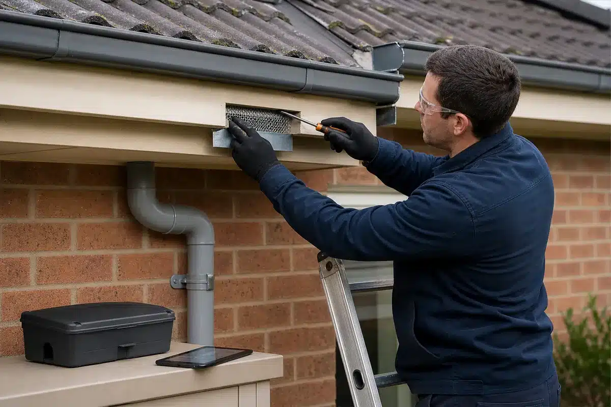 Male pest technician fitting galvanised rodent mesh and metal flashing to a roof eave entry point